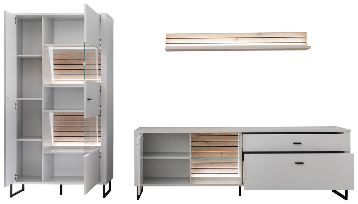 WOHNWAND  in Weiss, Eichefarben 326/185/44 cm  - Weiss/Eichefarben, Design, Glas/Holzwerkstoff (326/185/44cm) - Stylife
