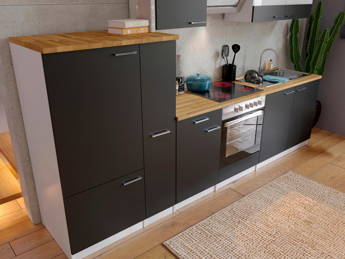 KÜCHENBLOCK 300 cm   in Schwarz  - Edelstahlfarben/Nussbaumfarben, Basics, Holzwerkstoff/Metall (300cm) - Respekta