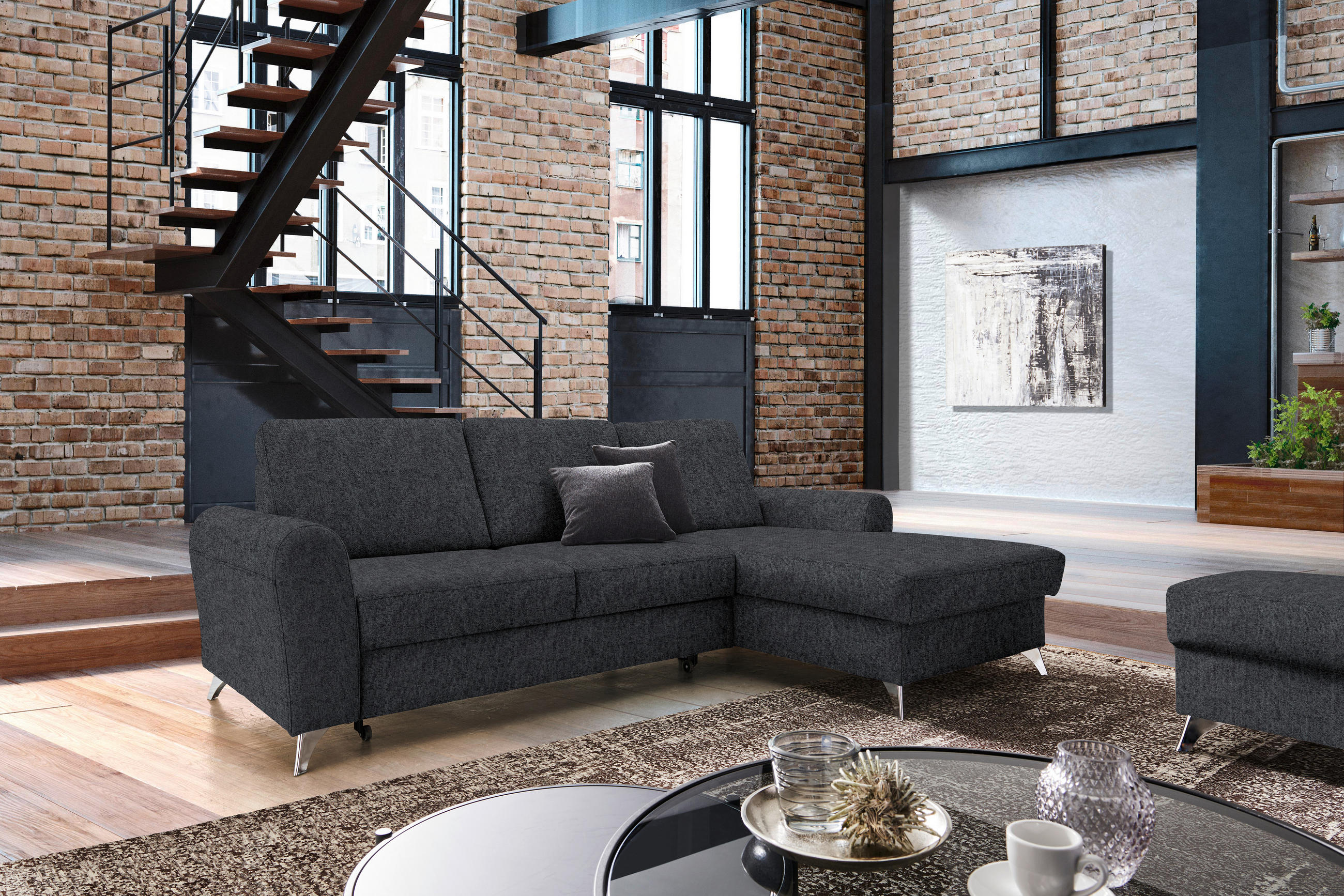ECKSOFA in Flachgewebe Hellgrau  - Silberfarben/Hellgrau, Design, Textil/Metall (244/167cm) - Cantus