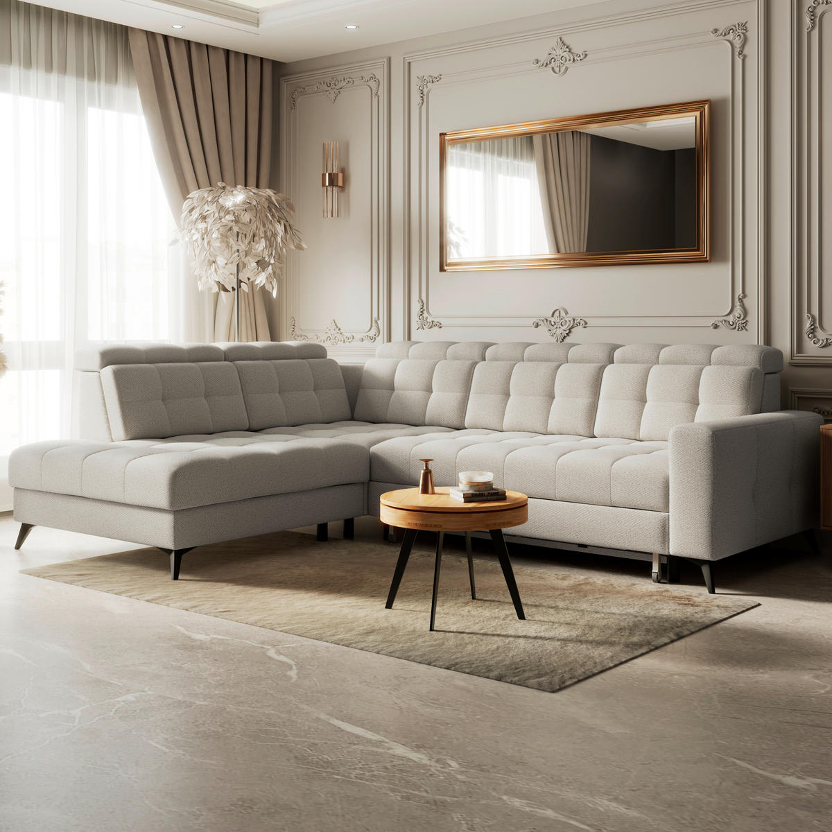 HÖRNSOFFA i velour greige  - greige/svart, Romantik / Lanthus, metall/textil (228/289cm) - MID.YOU