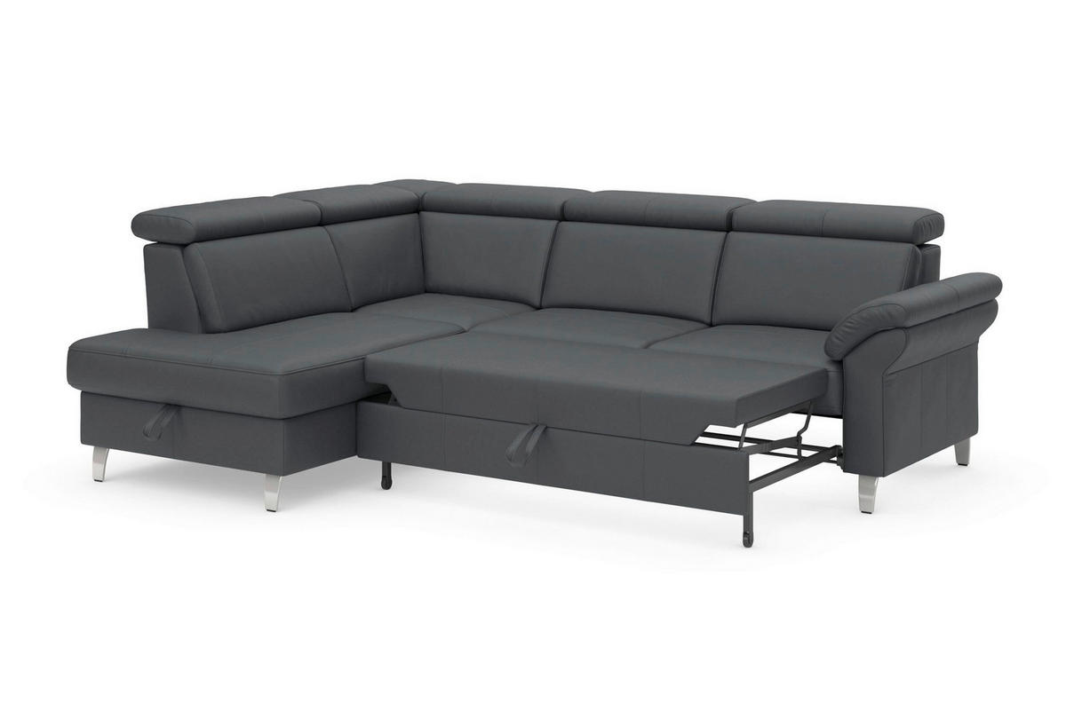 ECKSOFA ARNGAST E Schwarz Echtleder Bettkasten, Kopfteilverstellung, Liegefläche im Originalstoff  - Chromfarben/Schwarz, Basics, Leder/Metall (194/245cm) - Sit & More