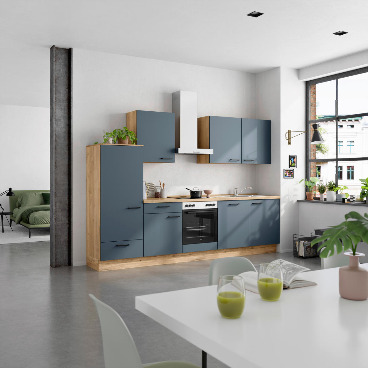 KÜCHENBLOCK Easytouch 300 cm  in Blau, Eichefarben  - Blau/Eichefarben, MODERN, Holzwerkstoff/Metall (300cm) - Nobilia