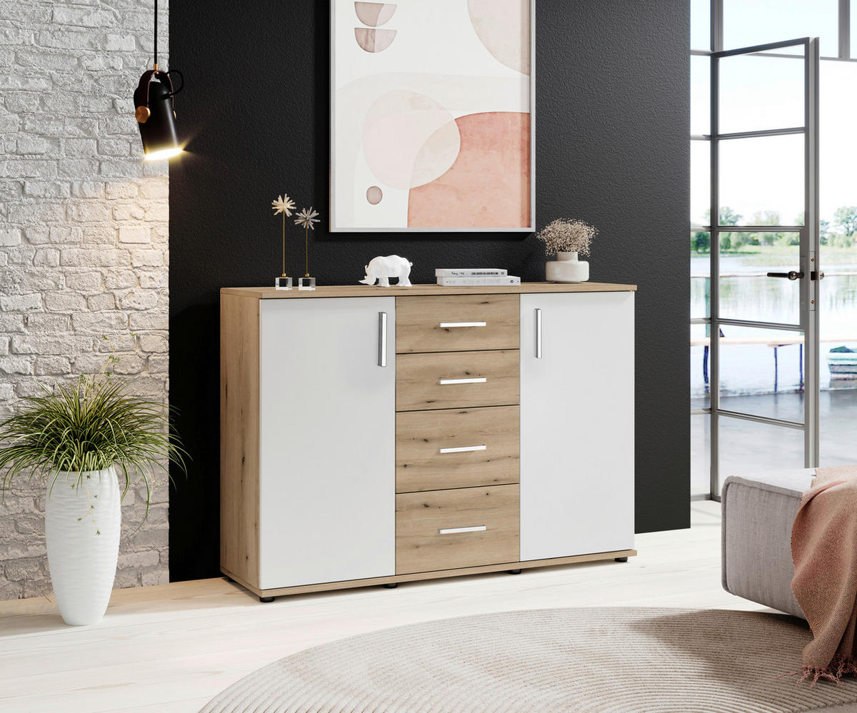 ŠIROKÁ KOMODA, bílá, barvy dubu, 120/84/35 cm - bílá/barvy stříbra, Design, kompozitní dřevo/plast (120/84/35cm) - MID.YOU