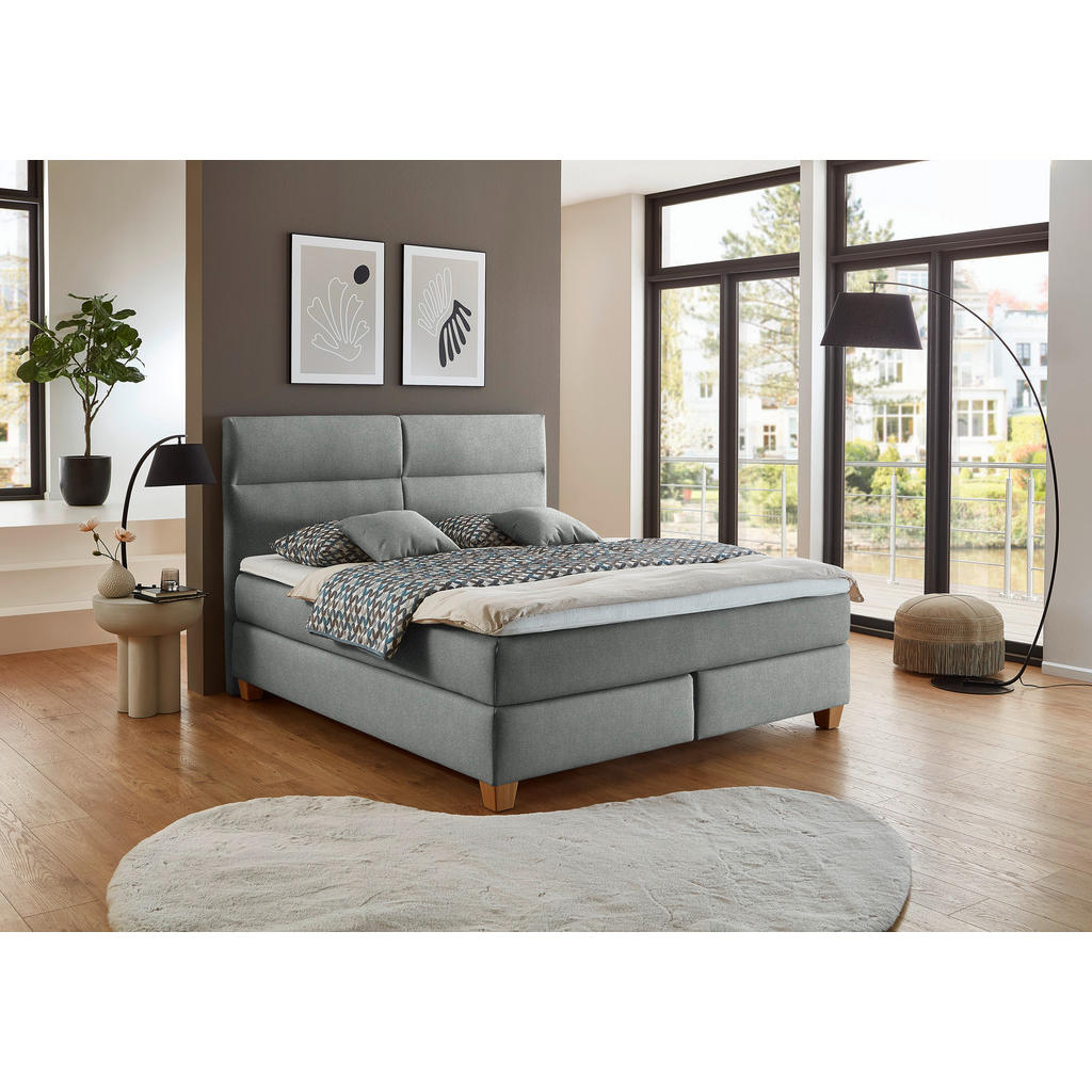 Thumbnail - Beldomo - Sleep Boxspringbett, Grau, Textil, Buche, massiv, H2, 7-Zonen, Höhe ca. 21 cm, 160x200 cm, gepolstertes Kopfte...