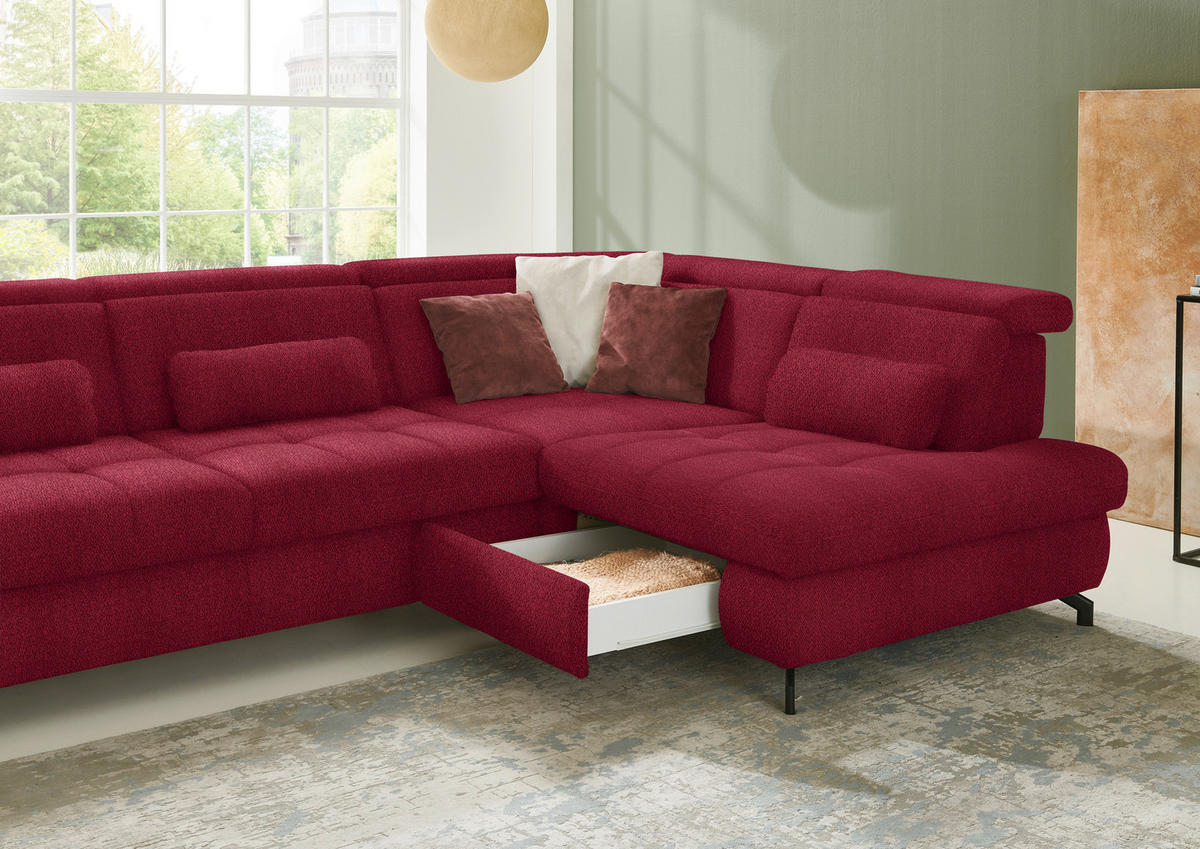 ECKSOFA in Chenille Rot  - Rot/Schwarz, Design, Textil/Metall (310/220cm) - Beldomo Style