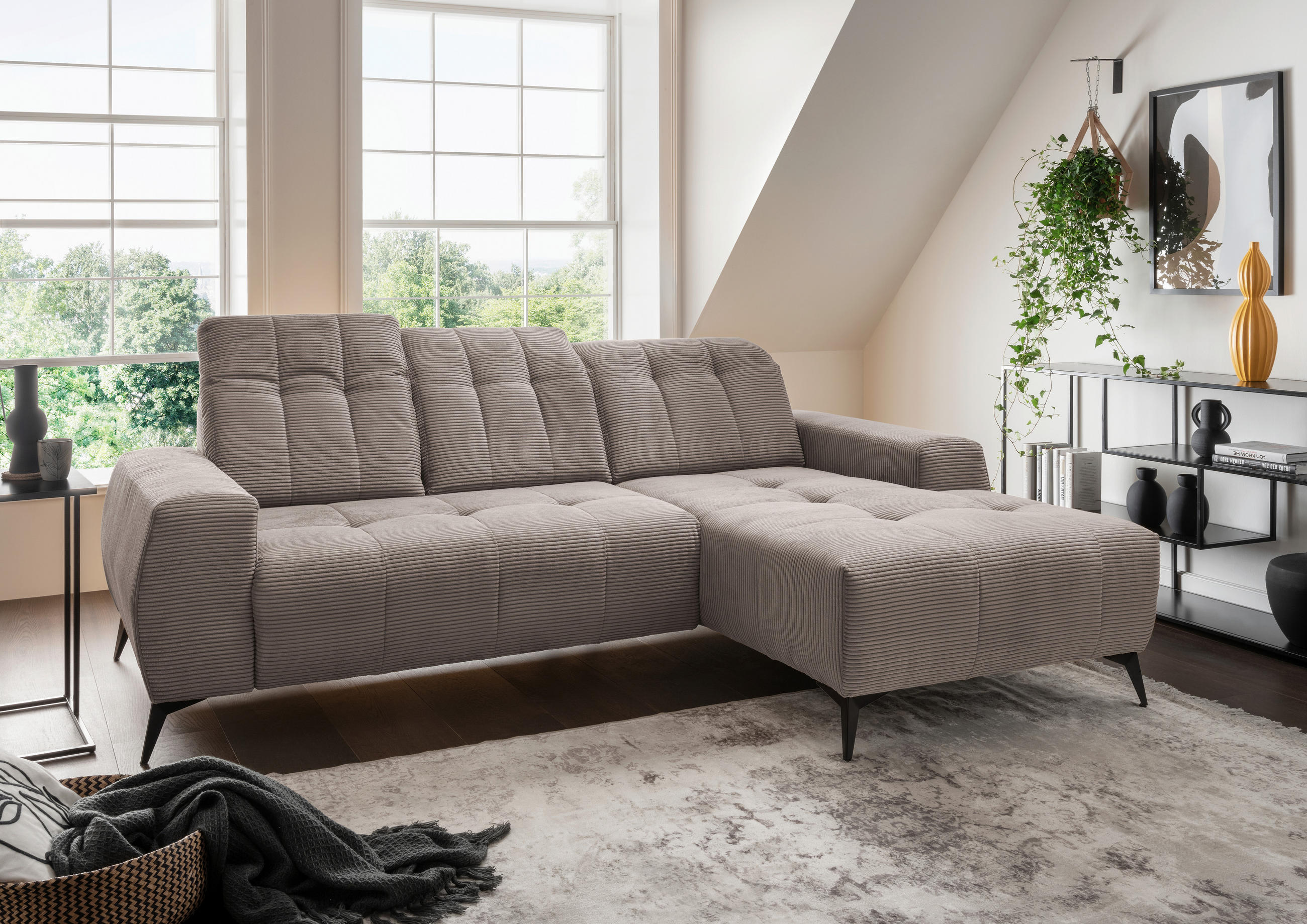 ECKSOFA Graubraun Cord  - Graubraun/Schwarz, MODERN, Textil/Metall (258/180cm) - Livetastic