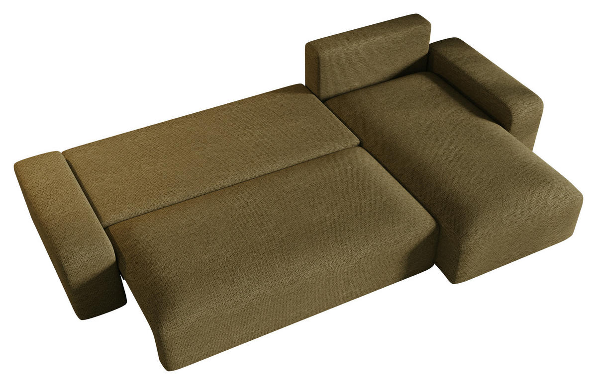 ECKSOFA Khaki Bouclé Zierkissen, Rückenkissen, Bettkasten, Schlaffunktion, Rücken echt, Stauraum  - Khaki/Schwarz, MODERN, Kunststoff/Textil (248/143cm) - Xora