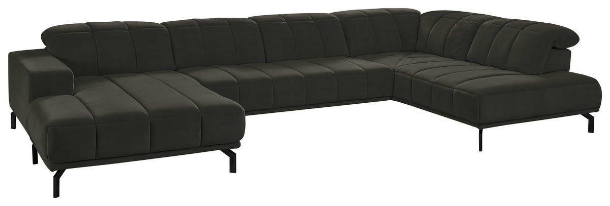 WOHNLANDSCHAFT Velours Dunkelgrün, Olivgrün  - Dunkelgrün/Schwarz, Design, Textil/Metall (195/383/219cm) - Beldomo Style