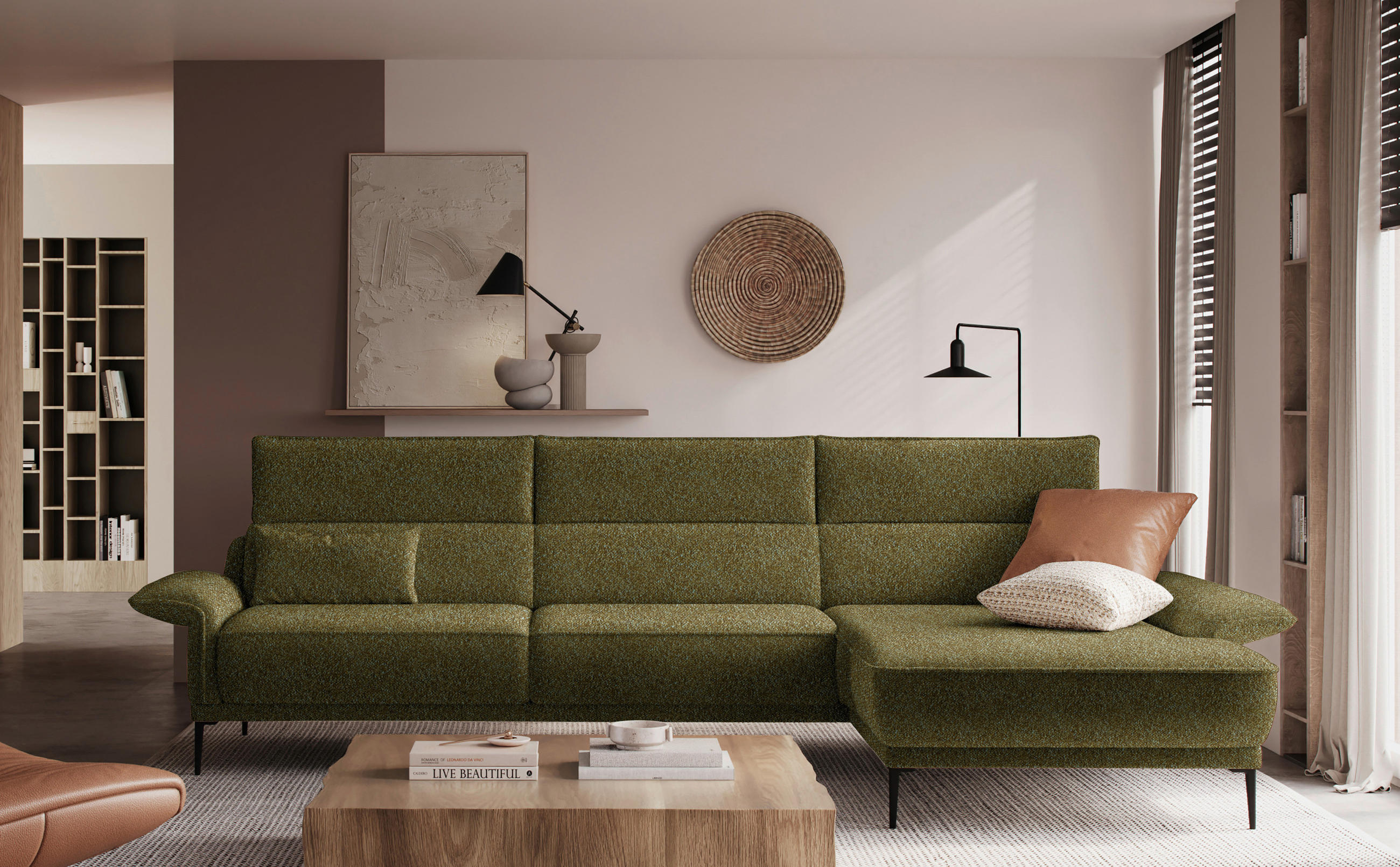 ECKSOFA in Bouclé Olivgrün  - Schwarz/Olivgrün, Design, Textil/Metall (330/186cm) - Johann Jakob