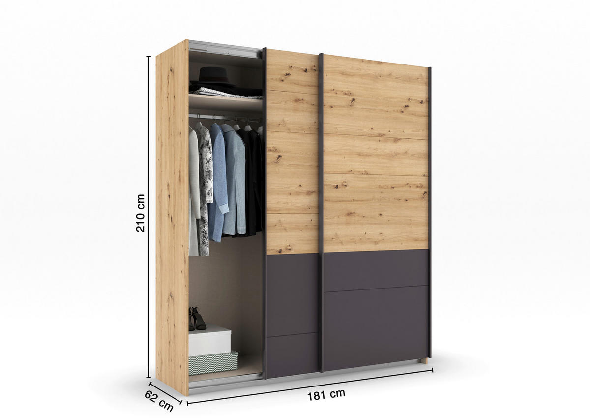 SCHWEBETÜRENSCHRANK 181/210/62 cm 2-türig Grau, Eiche Artisan  - Eiche Artisan/Grau, MODERN, Holzwerkstoff/Metall (181/210/62cm) - Rauch Möbel