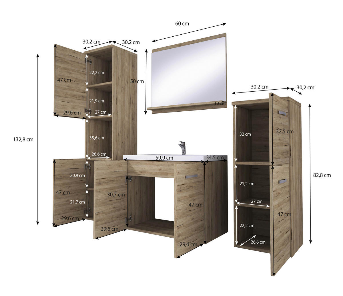 Badezimmer Malo-Matera5-teilig 5-teilig  in  - Kastanieneichefarben/Weiss, Lifestyle, Keramik/Holzwerkstoff (120/132,8/30,2cm) - P & B