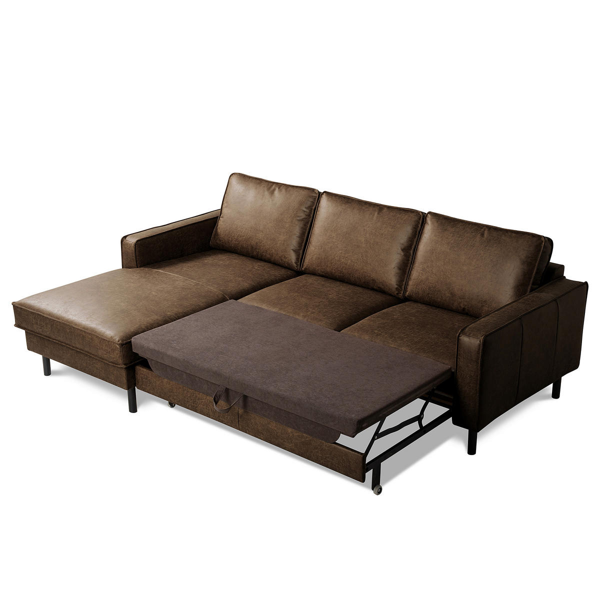 ECKSOFA Dunkelbraun Echtleder Lederlook Bettkasten, Schlaffunktion, Rücken echt  - Dunkelbraun/Schwarz, Design, Leder/Textil (166/238cm) - Livetastic