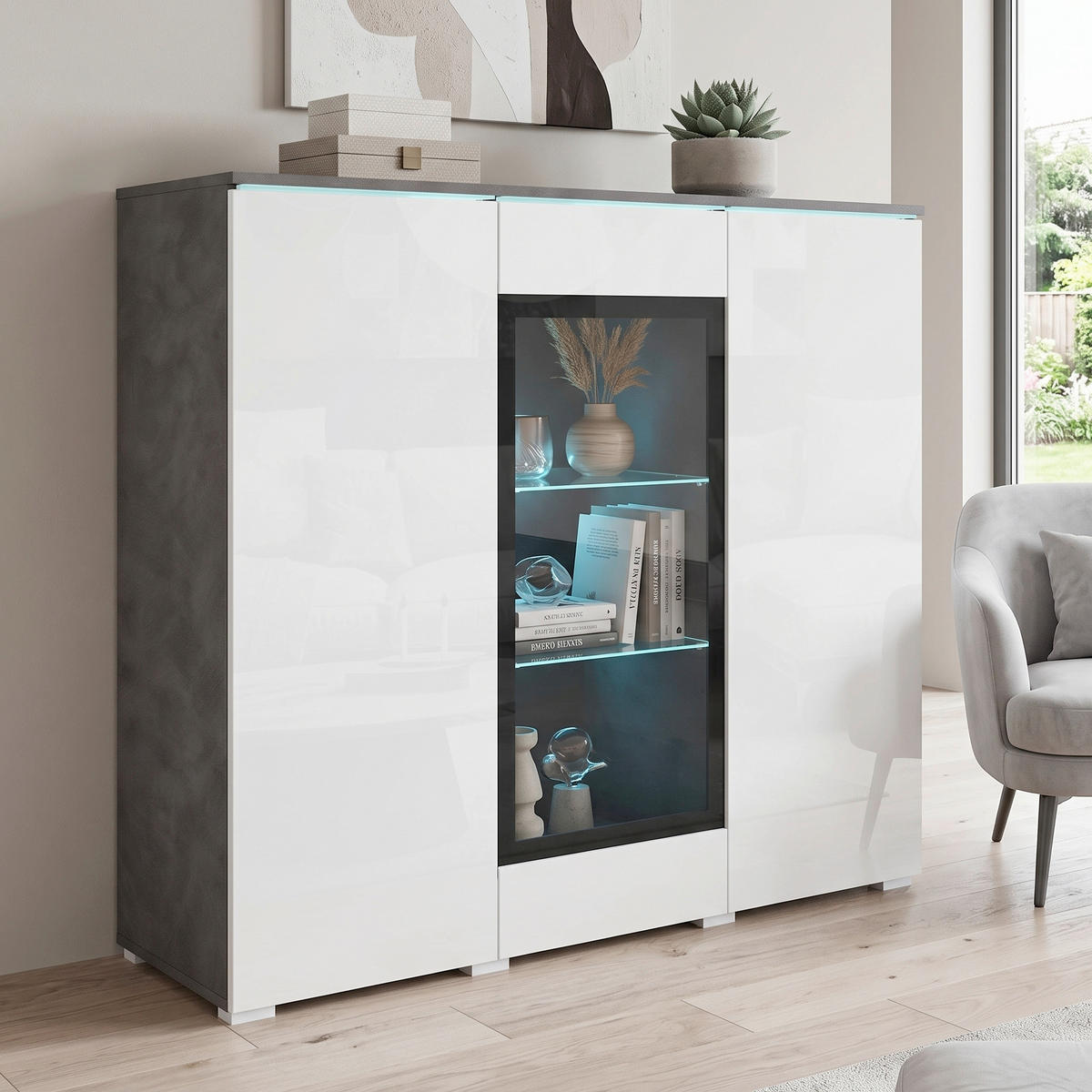 HIGHBOARD Vera 120/103,3/39,5 cm  - Weiß Hochglanz/Anthrazit, Trend, Glas/Holzwerkstoff (120/103,3/39,5cm) - P & B