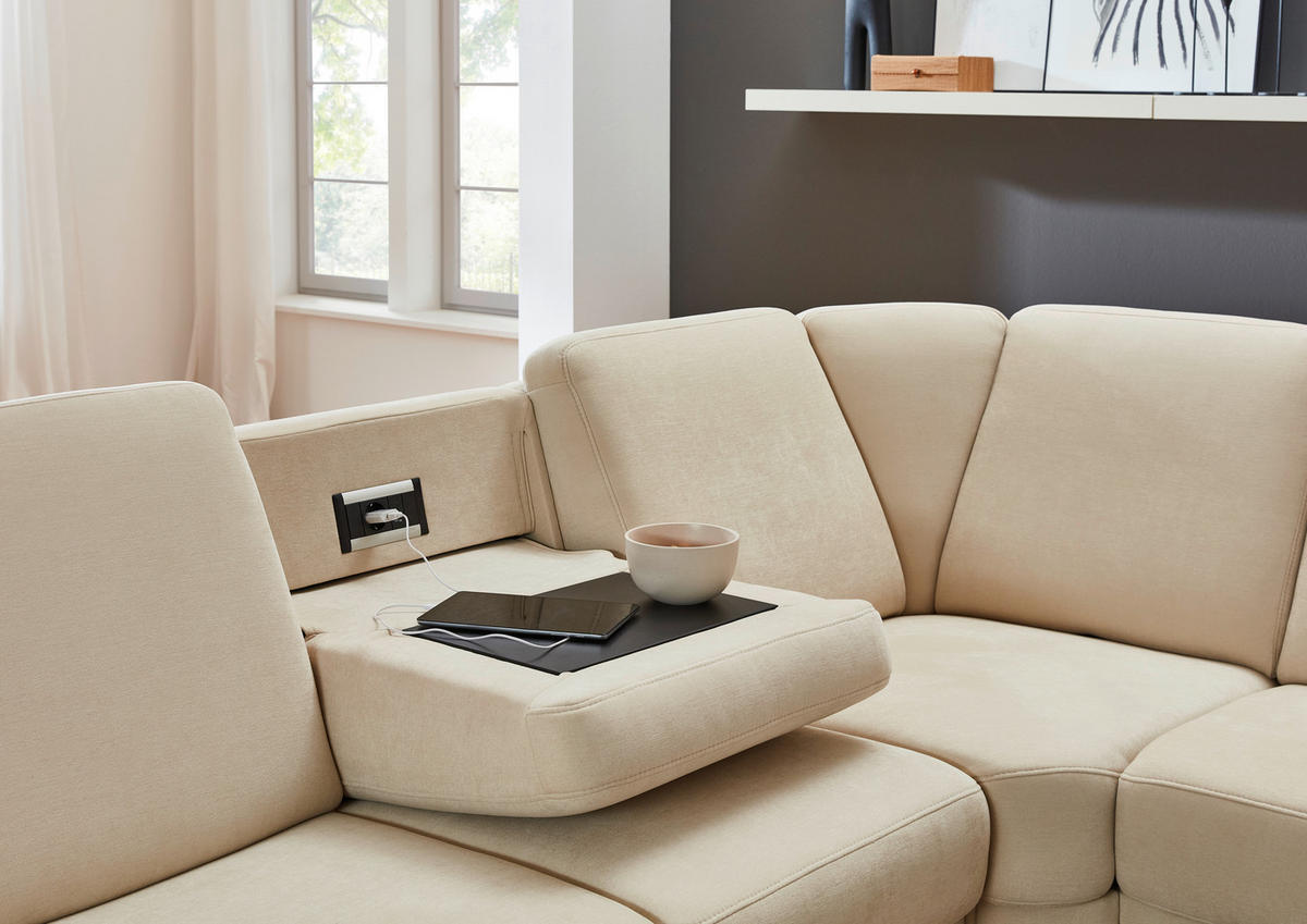 ECKSOFA in Flachgewebe Beige  - Beige/Schwarz, Konventionell, Textil/Metall (269/287cm) - Beldomo System