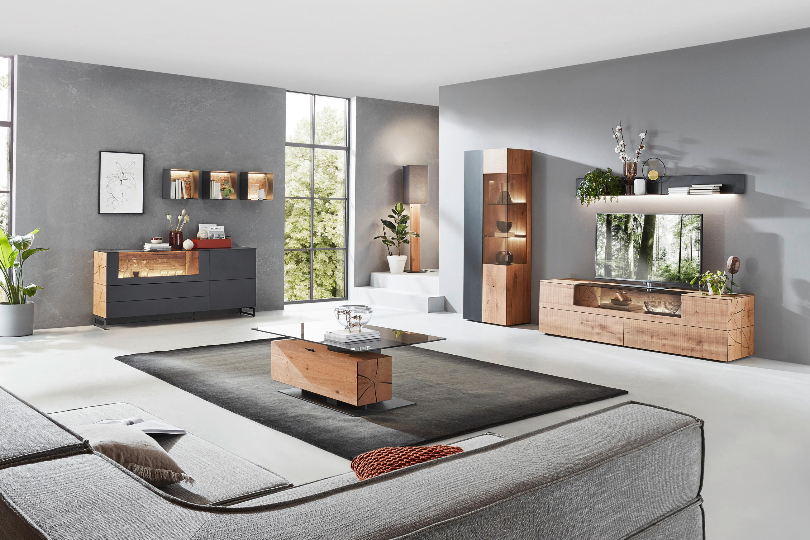 Thumbnail - Valnatura Wohnwand, Anthrazit, Eiche, Metall, Kerneiche, 9 Fächer, 2 Schublade(n) Schubladen, 296x206x55 cm, Goldenes M,...