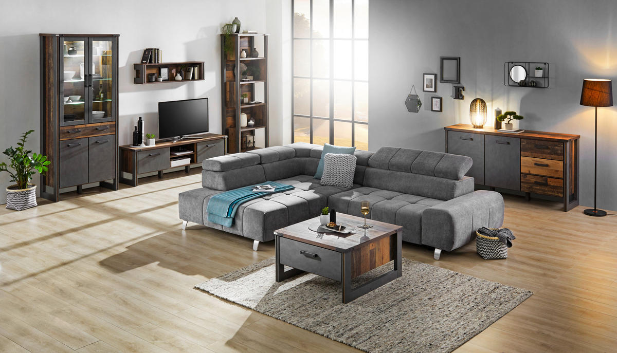 ECKSOFA Dunkelgrau Webstoff  - Dunkelgrau/Silberfarben, Design, Textil/Metall (201/295cm) - Hom`in