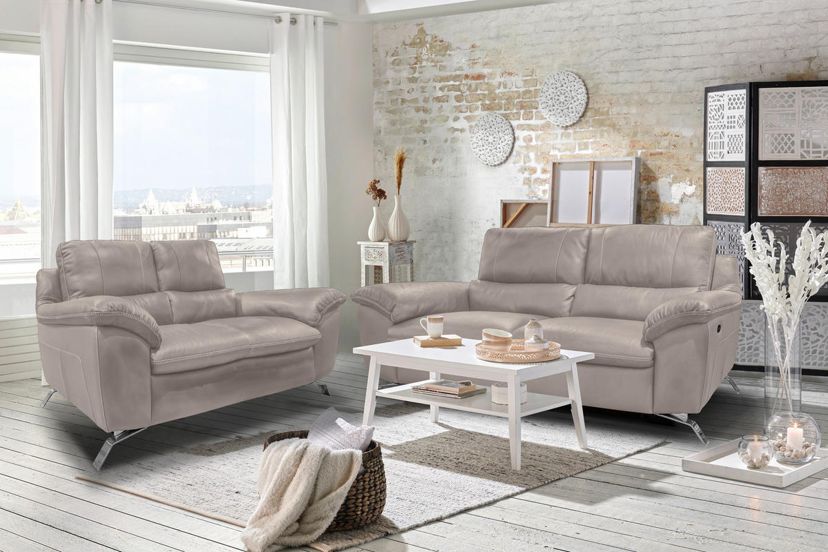2,5-SITZER mit Relaxfunktion in Kombination Echtleder/Lederlook Grau  - Silberfarben/Grau, Design, Leder/Metall (216/97/95-151cm) - Livetastic