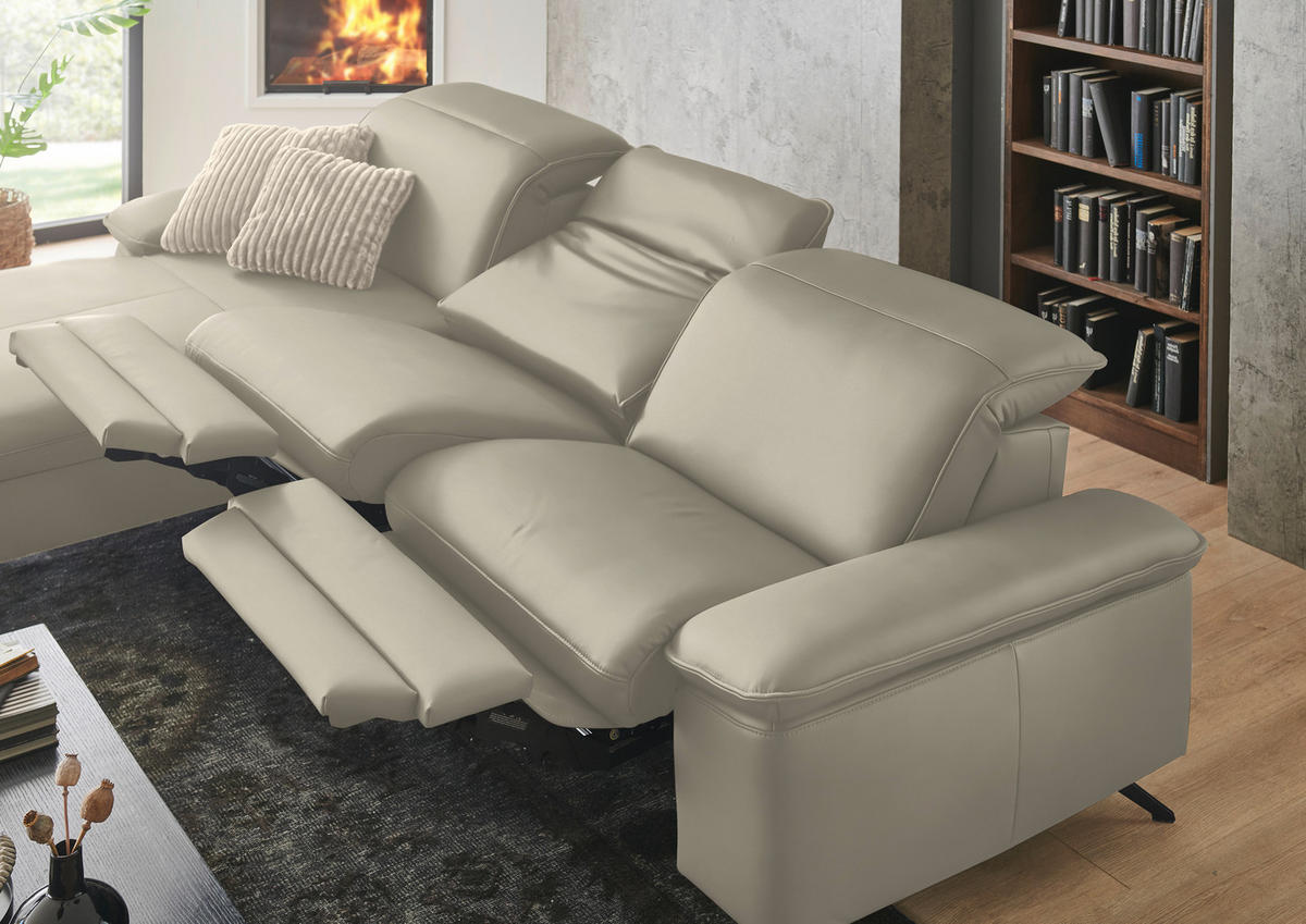 ECKSOFA  Echtleder Ecru  - Ecru/Schwarz, Design, Leder/Metall (169/307cm) - Beldomo Premium