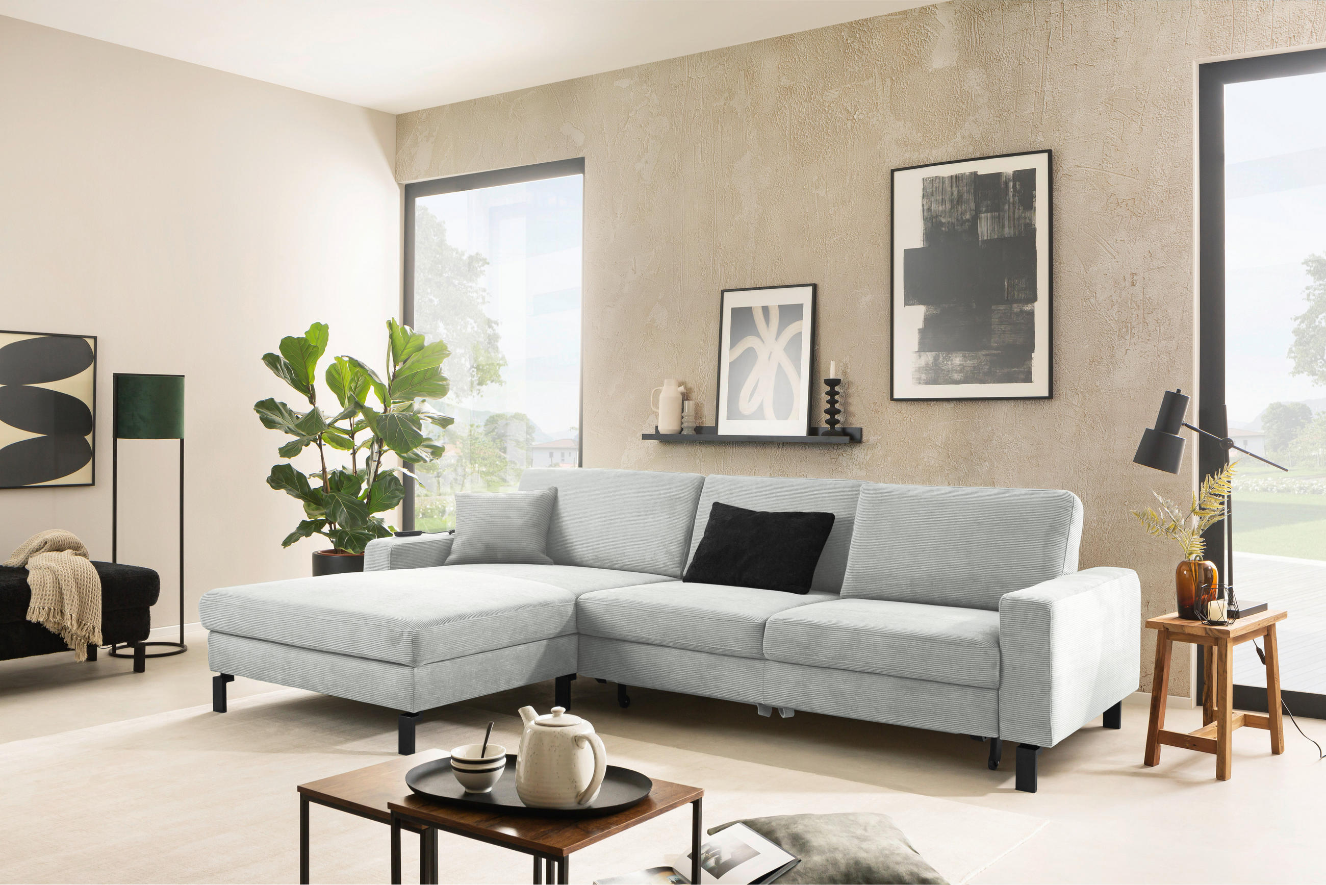 ECKSOFA inkl. Funktion Silberfarben Cord  - Silberfarben/Schwarz, Design, Textil/Metall (298/185-209cm) - Pure Home Lifestyle