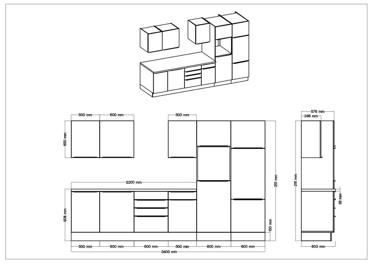 MODULKÖK 340 cm   i vit, vit högglans  - vit/aluminiumfärg, Lifestyle, trämaterial/plast (340cm) - Respekta