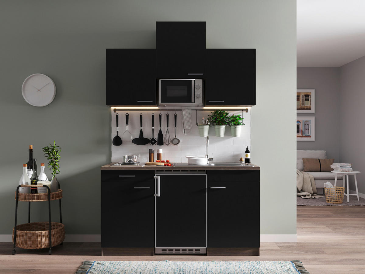 MINIKÜCHE 150 cm   in Schwarz  - Eichefarben/Alufarben, Basics, Holzwerkstoff/Kunststoff (150cm) - Respekta