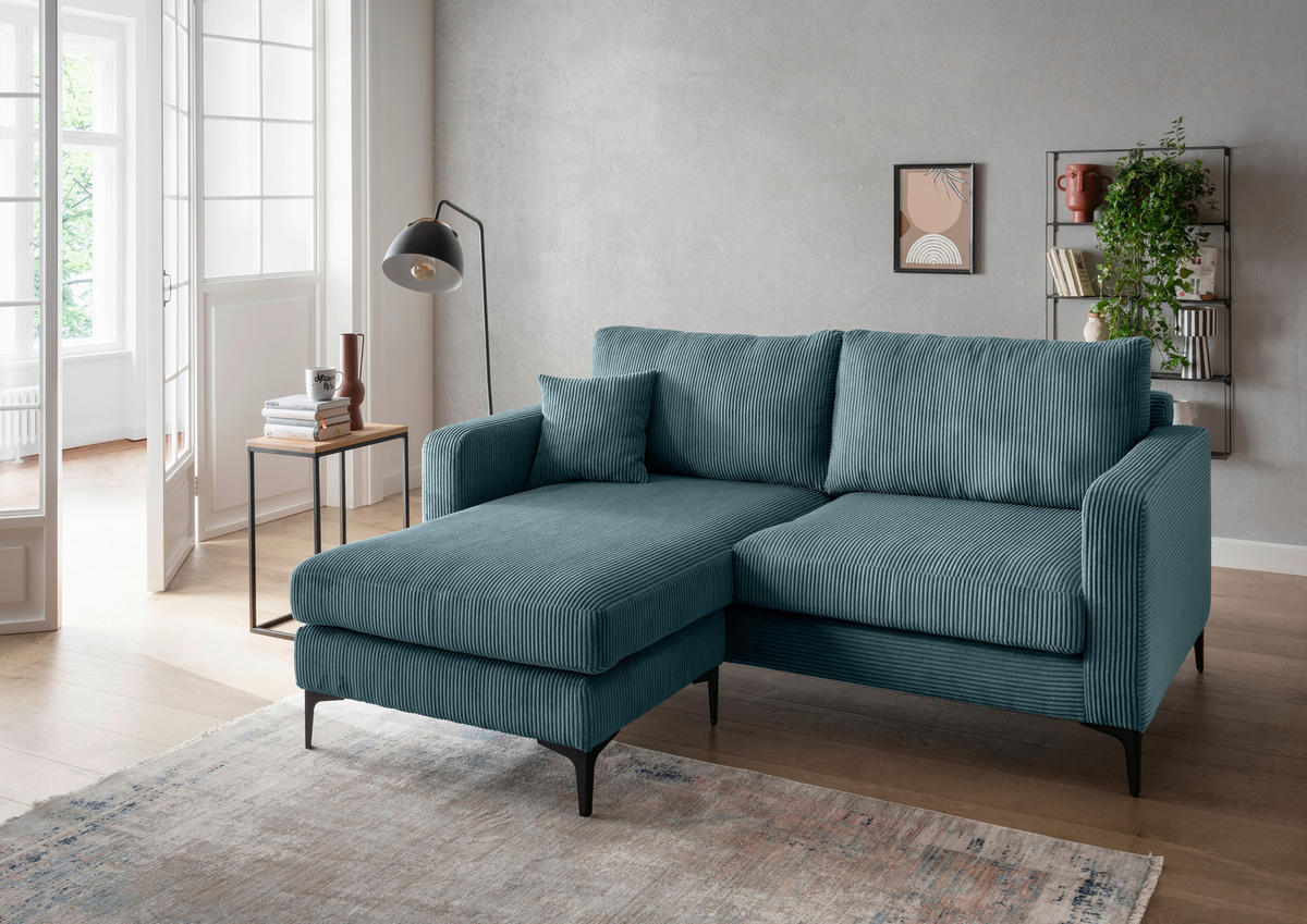 ECKSOFA in Cord Petrol  - Petrol/Schwarz, Basics, Textil/Metall (204/153cm) - Livetastic