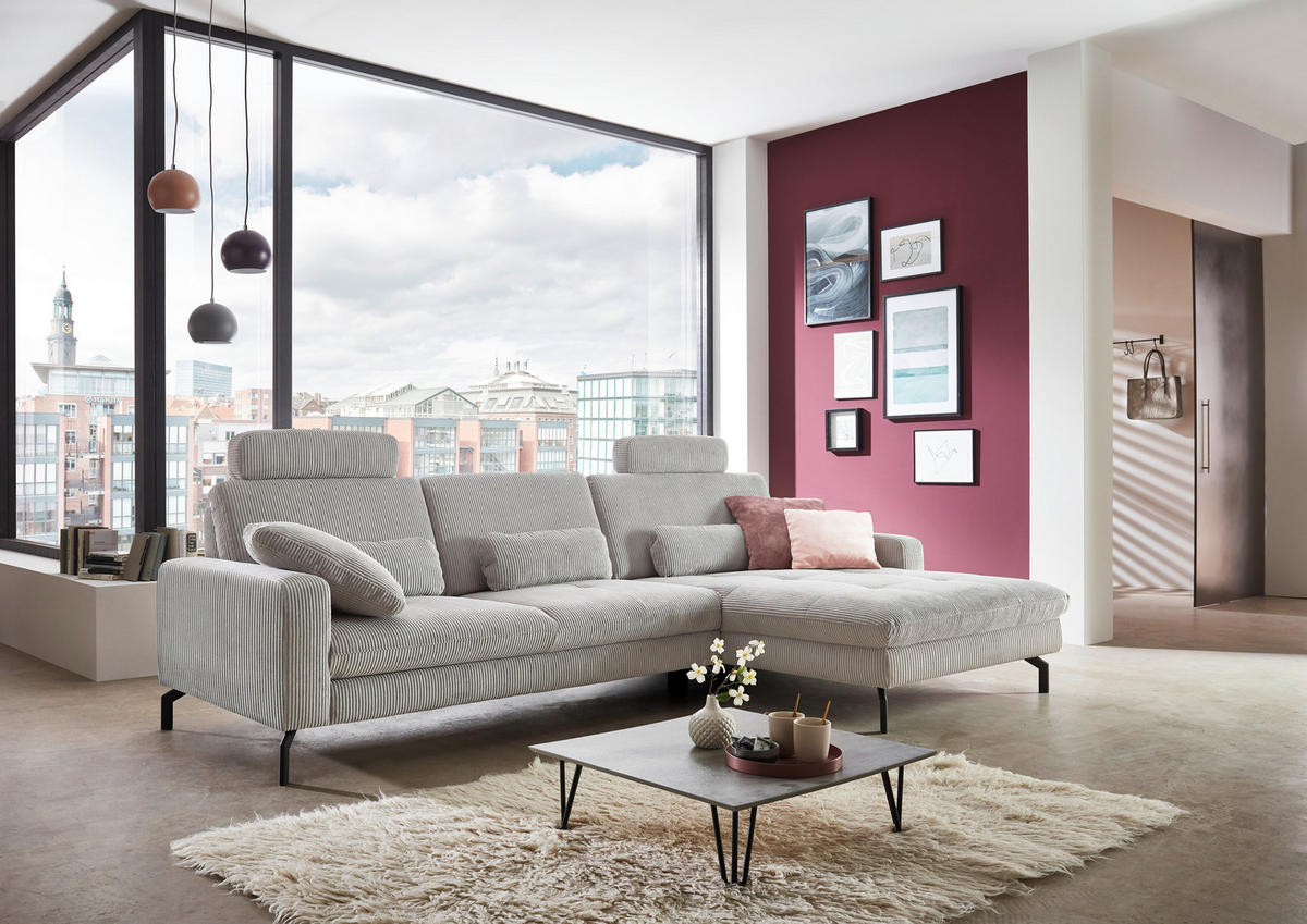 ECKSOFA in Cord Grau  - Schwarz/Grau, Design, Textil/Metall (302/178cm) - Beldomo Style