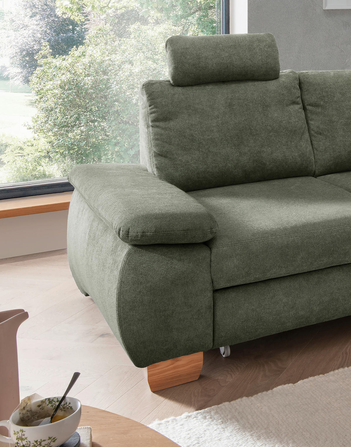 ECKSCHLAFSOFA Chenille Dunkelgrün  - Wildeiche/Dunkelgrün, MODERN, Holz/Textil (261/206cm) - Livetastic