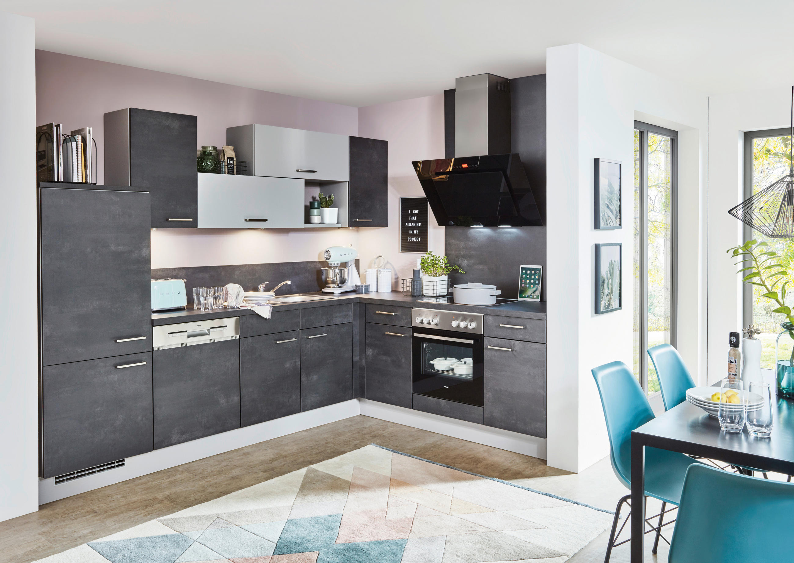 EINBAUKÜCHE 615  - Edelstahlfarben/Schwarz, Design, Holzwerkstoff - Celina