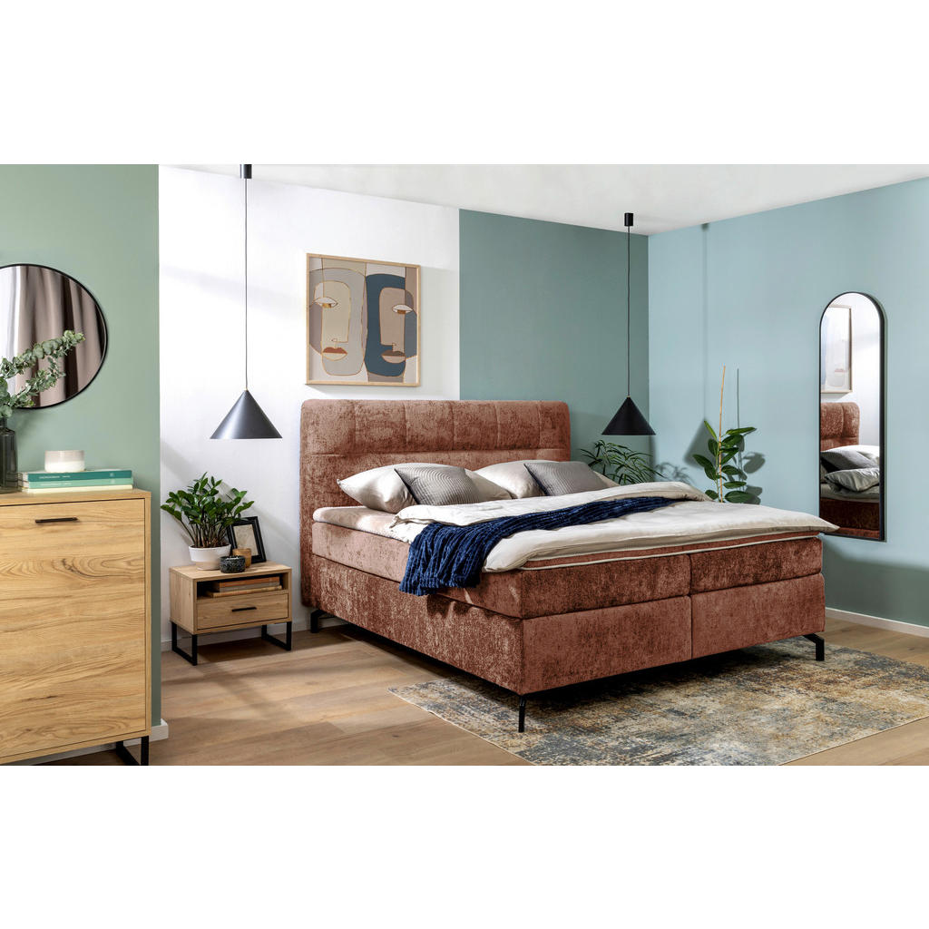Thumbnail - Esposa Boxspringbett, Rotbraun, Textil, H2, Höhe ca. 17 cm, 180x200 cm, Stoffauswahl, Topper durchgehend, Matratze in ve...