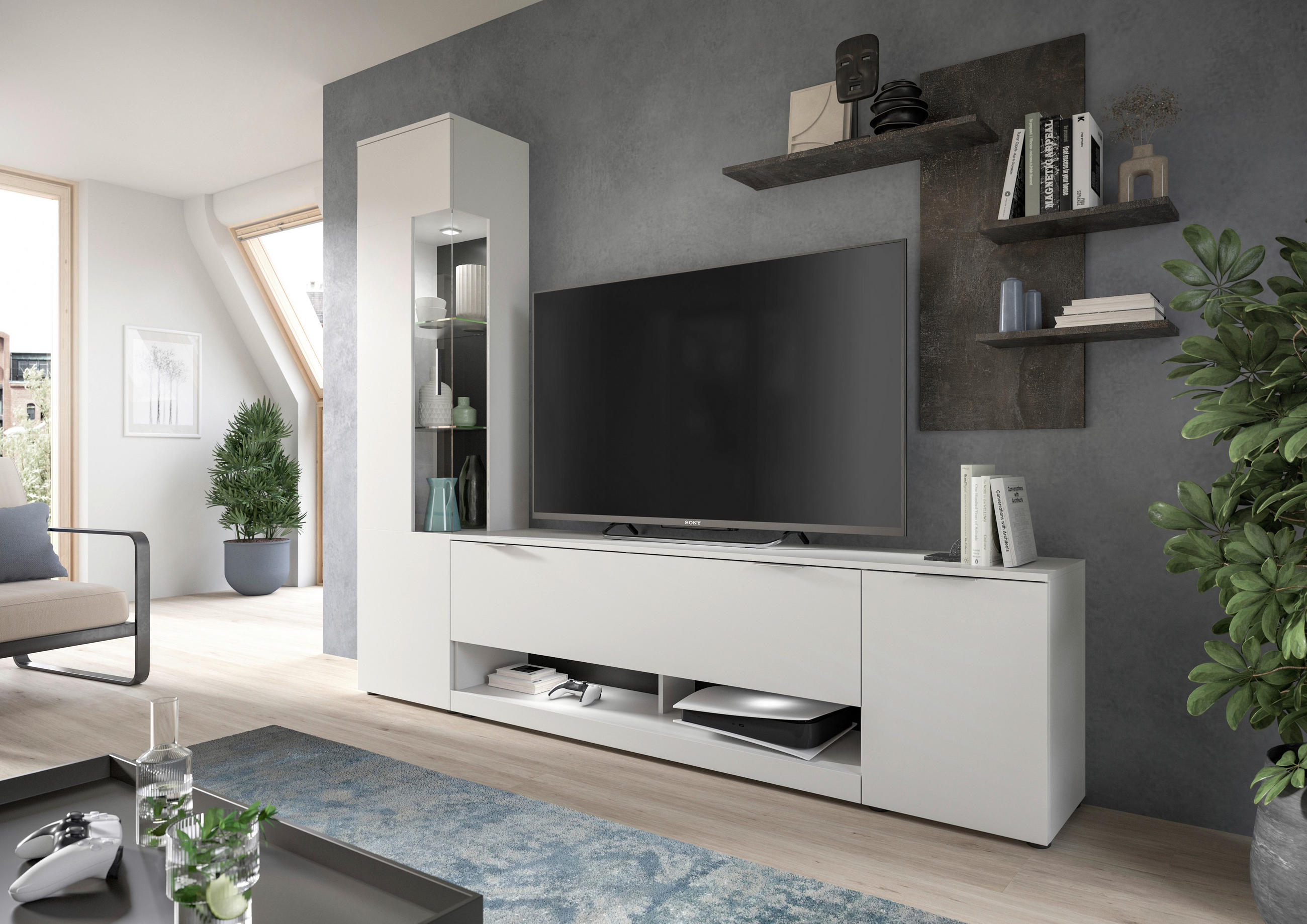 REGAL siva, bijela - bijela/srebrne boje, Design, staklo/drvni materijal (250/190/35cm) - Modern Living