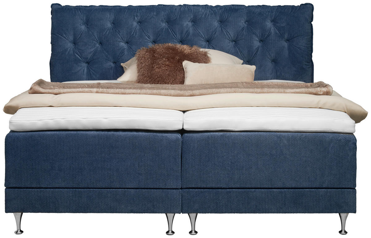 BOXSPRINGBETT 180/200 cm,  in Blau, Matratze, Lattenrost, Topper, H3 + H5 = fest + hart  - Blau/Alufarben, Basics, Textil/Metall (180/200cm) - Welnova