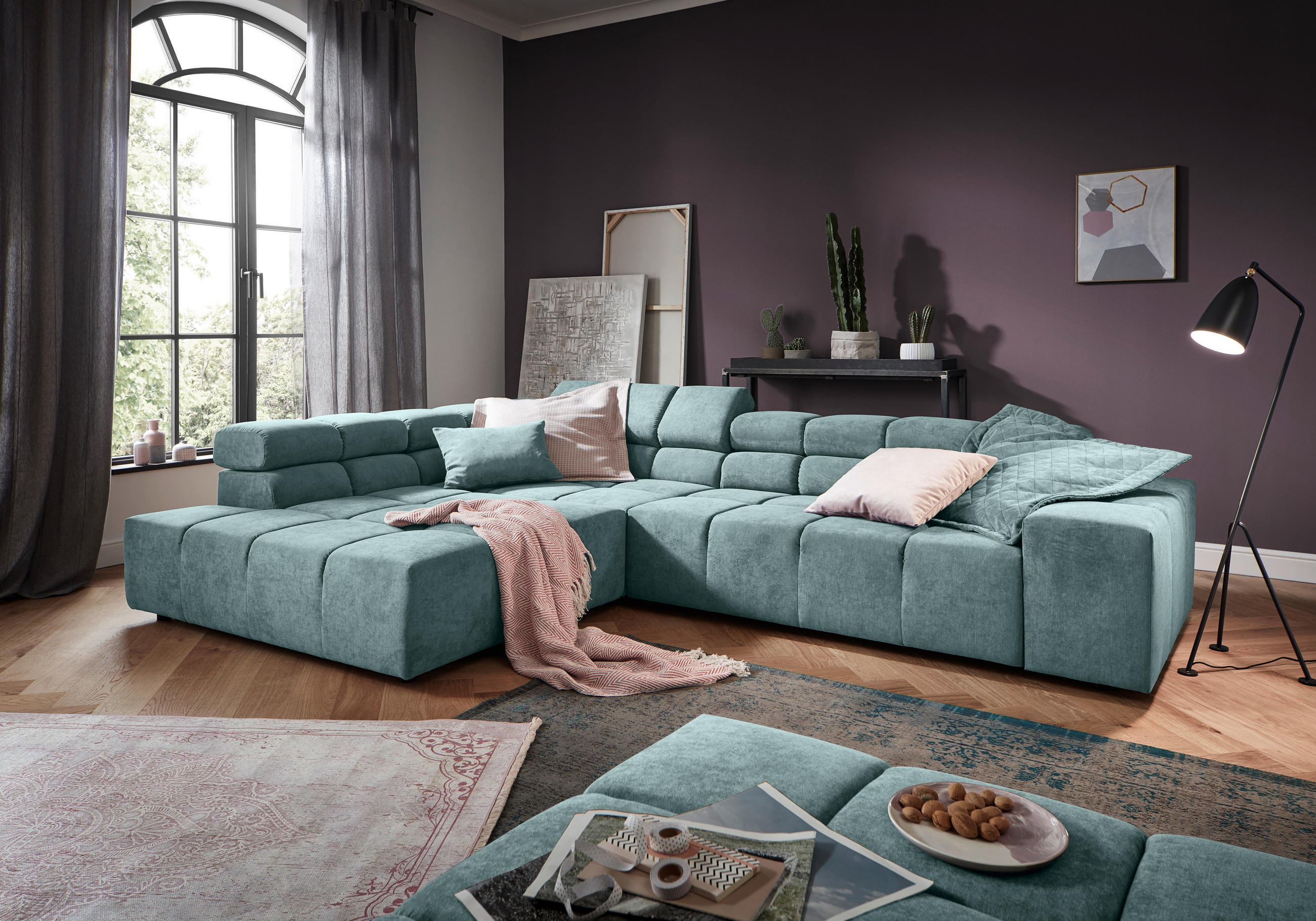 ECKSOFA in Velours Blau  - Blau/Schwarz, Design, Kunststoff/Textil (213/317cm) - Hom`in