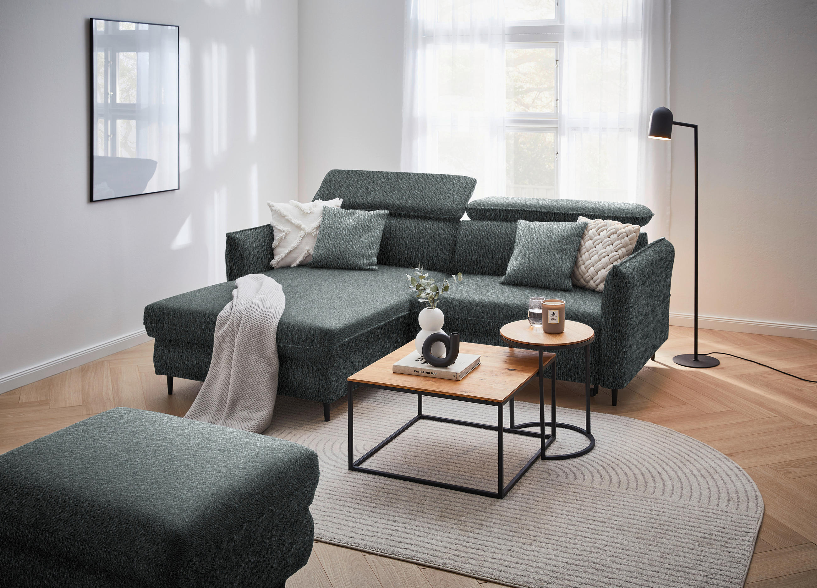 ECKSOFA in Struktur Petrol  - Petrol/Schwarz, Design, Holz/Textil (185/232cm) - Stylife