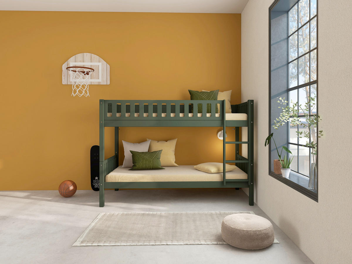 ETAGENBETT 90/200 cm,  in Absturzsicherung, Leiter, Rollroste  - Dunkelgrün, MODERN, Holz (90/200cm) - Chameo