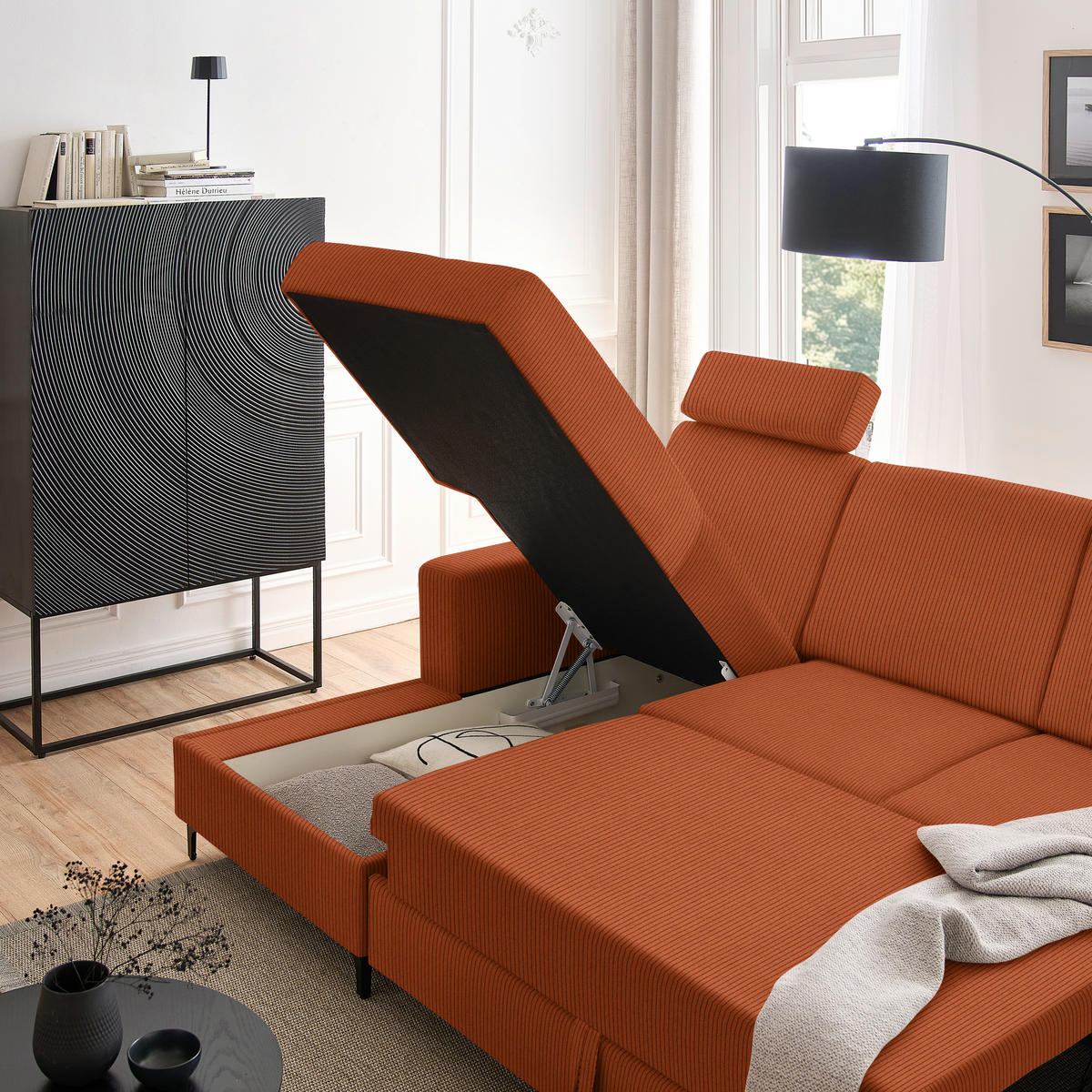 ECKSOFA in Cord Cognac, Orange  - Cognac/Schwarz, KONVENTIONELL, Textil/Metall (167/247cm) - Stylife