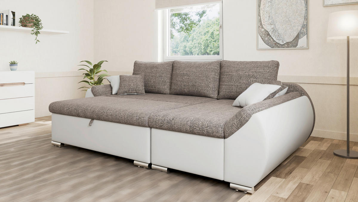 ECKSOFA  AURO Braun, Weiß  - Silberfarben/Braun, Design, Kunststoff/Textil (275/155cm) - MID.YOU