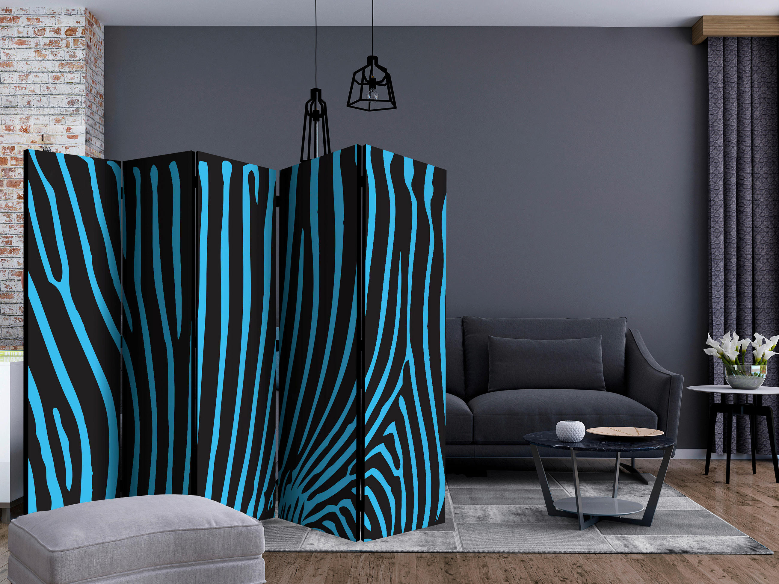 Paravent doppeltseitig mit 5  Flügel - Blau/Schwarz, Basics, Holz/Textil (225/172/3cm) - artgeist