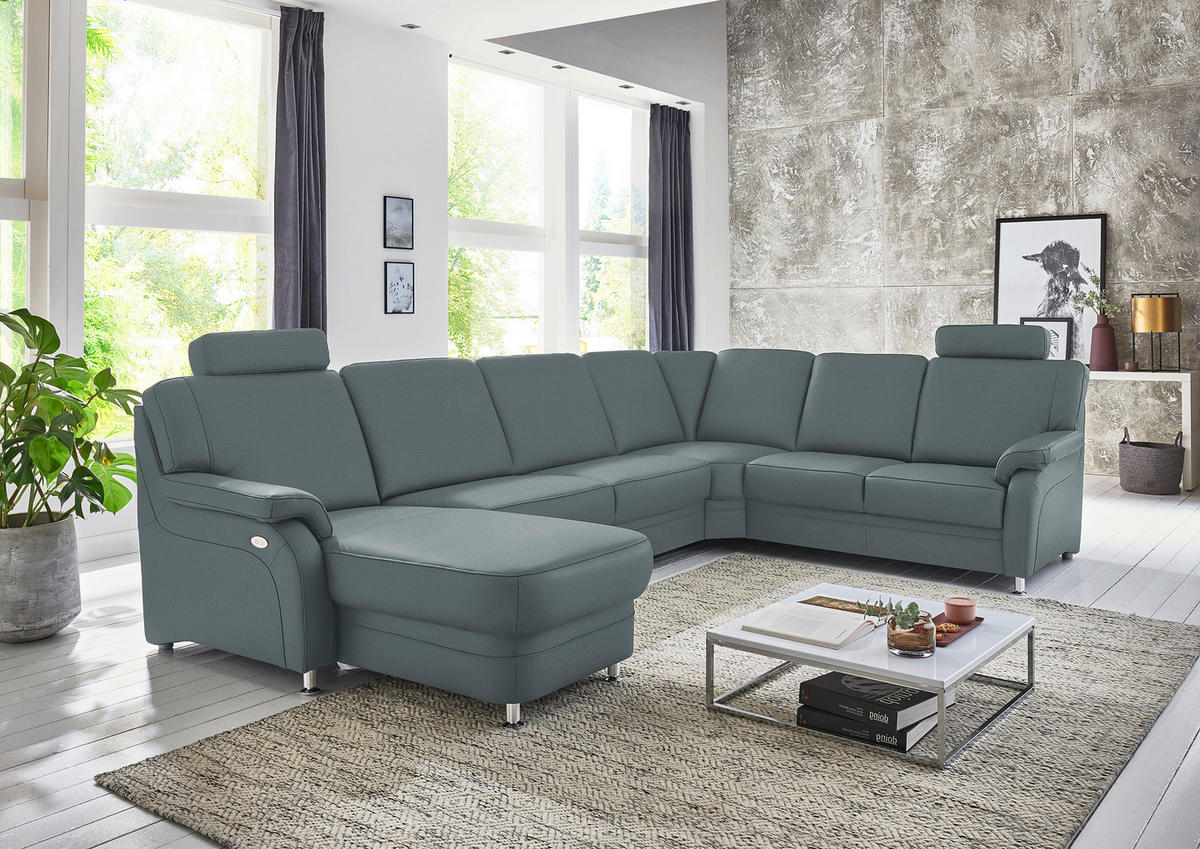 WOHNLANDSCHAFT Echtleder Grau  - Alufarben/Grau, Konventionell, Leder/Metall (165/329/239cm) - Beldomo Premium