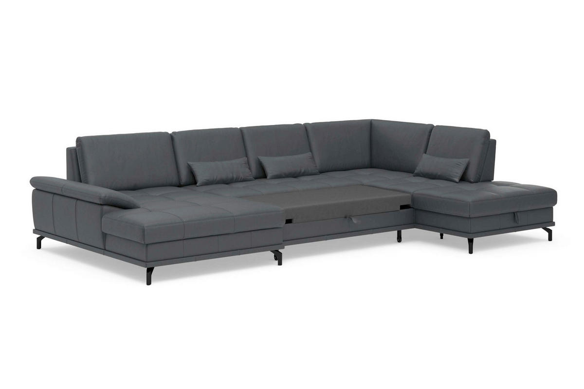 WOHNLANDSCHAFT COSTELLO E Schwarz Kombination Echtleder/Stoff Mikrofaser  - Schwarz, Basics, Leder/Textil (176/363/223cm) - Sit & More