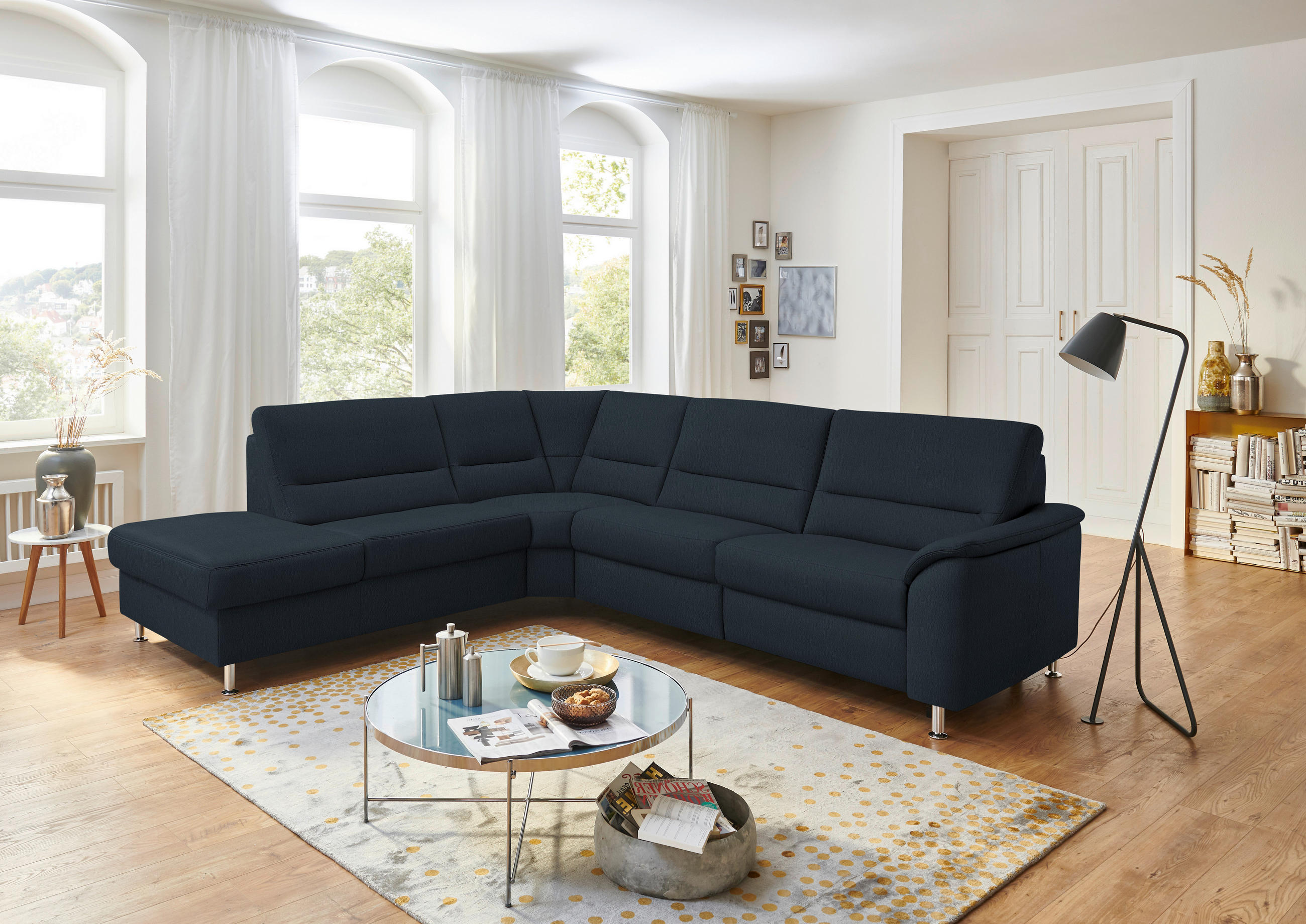 ECKSOFA in Echtleder Dunkelblau  - Alufarben/Dunkelblau, Basics, Leder/Metall (249/290cm) - Beldomo Premium
