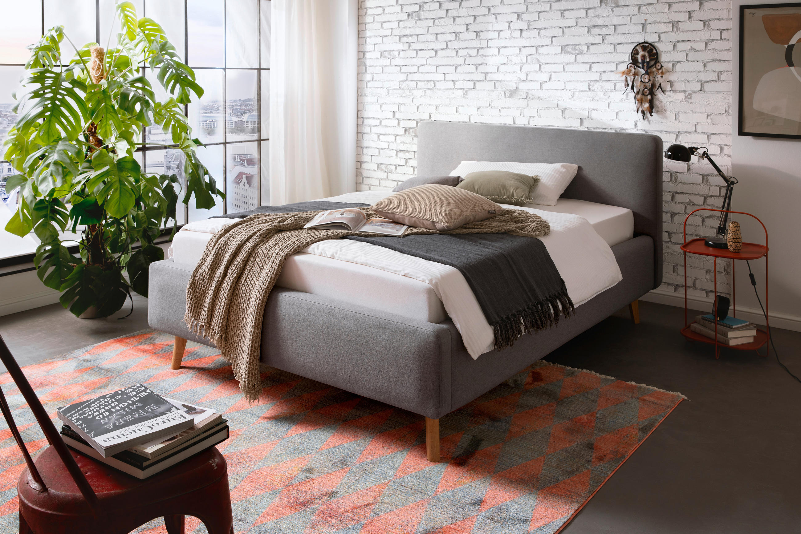 POLSTERBETT 140/200 cm,  in Hellgrau, Lattenrost, Bettkasten,  - Eichefarben/Hellgrau, Design, Holz/Textil (140/200cm) - Livetastic