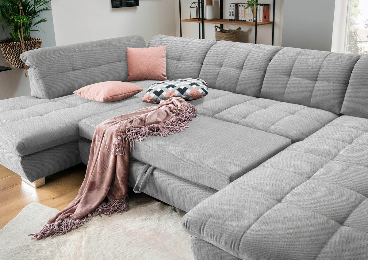 WOHNLANDSCHAFT in Mikrofaser Hellgrau  - Chromfarben/Hellgrau, Design, Kunststoff/Textil (211/350/204cm) - Xora