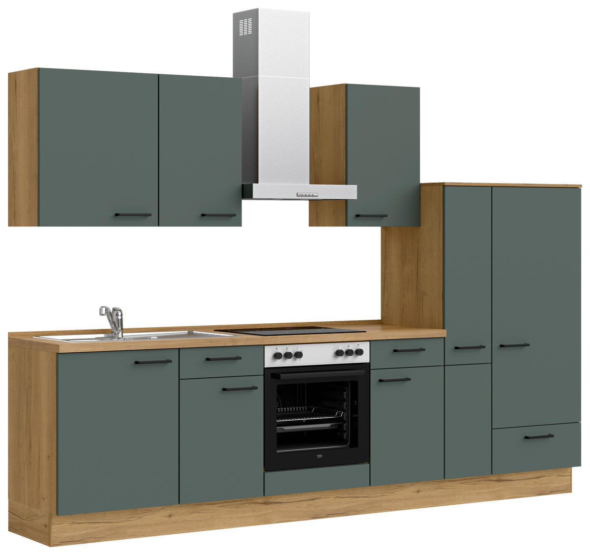 KÜCHENBLOCK 300 cm   in Eichefarben, Dunkelgrün  - Dunkelgrün/Eichefarben, MODERN, Holzwerkstoff/Metall (300cm) - Nobilia