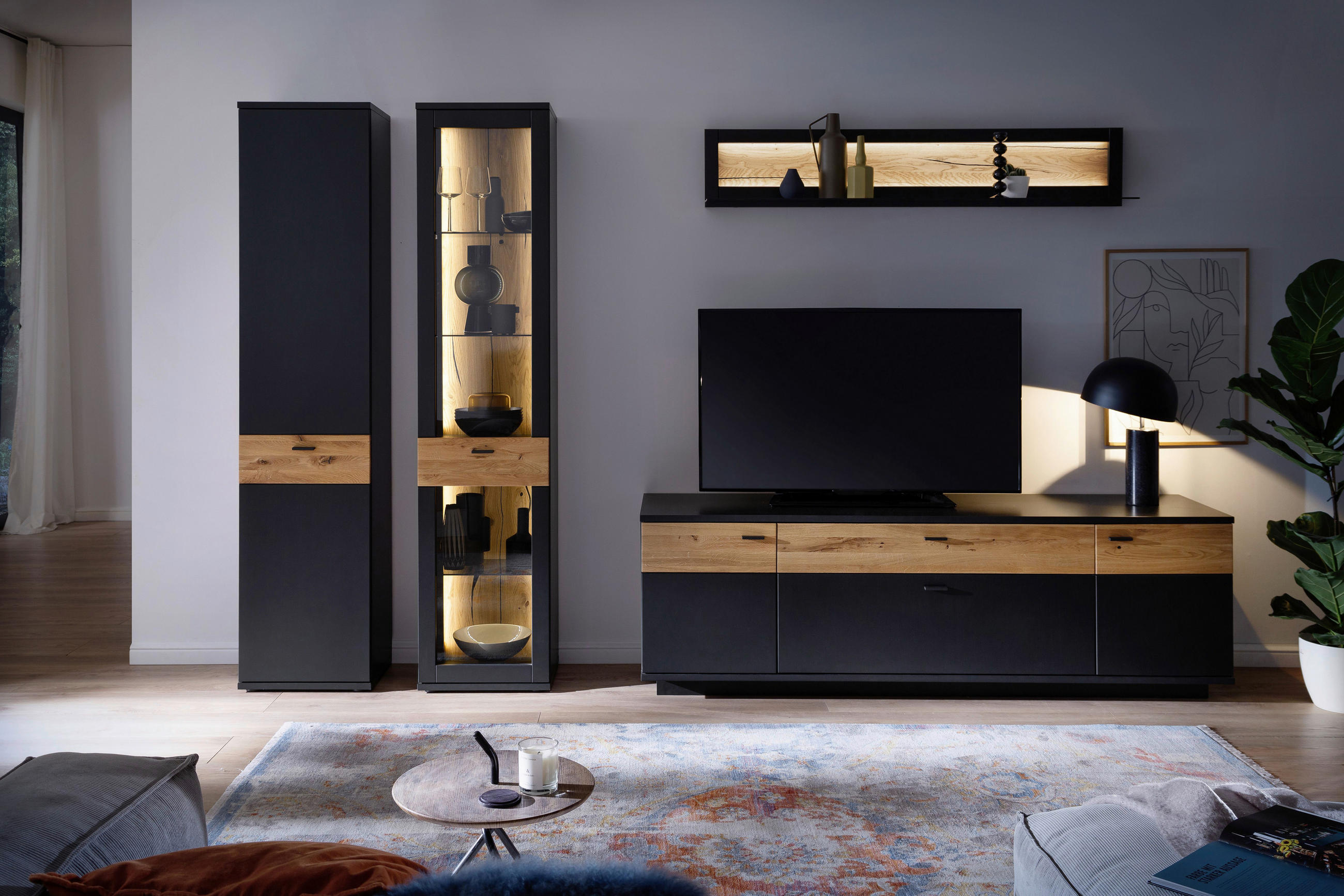 Set Mobilă Living, gri, negru, 305/201/50 cm - negru/gri, Design, sticlă/metal (305/201/50cm) - Novel