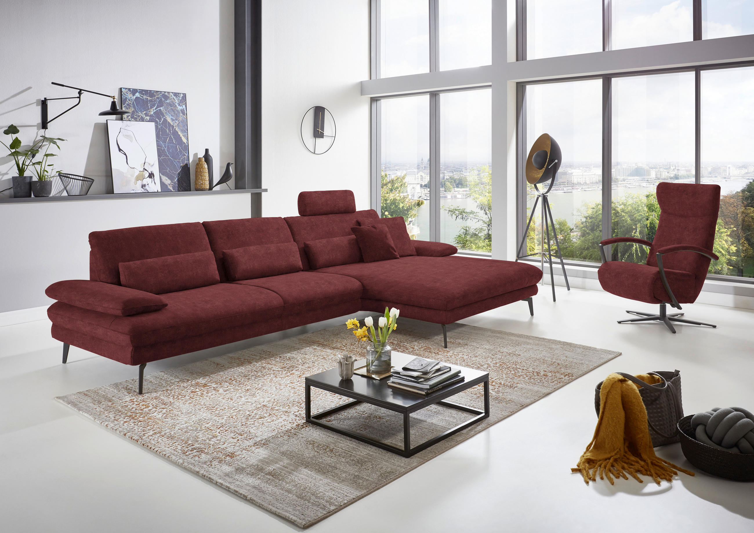 ECKSOFA in Velours Weinrot  - Weinrot/Schwarz, Design, Textil/Metall (310/180cm) - Dieter Knoll
