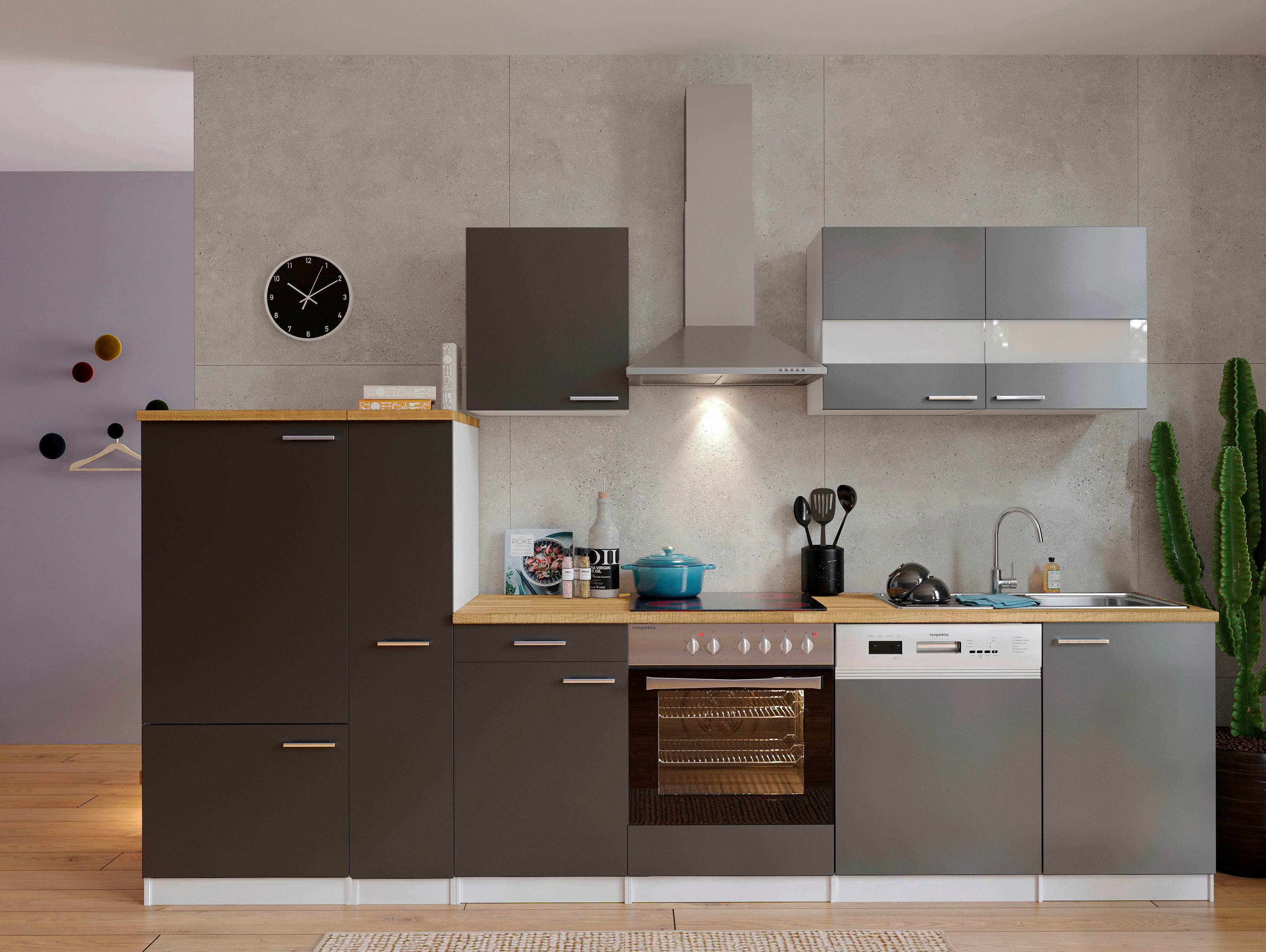 Küchenblock in Grau mit Geschirrspüler | Küchenzeilen mit Geräten