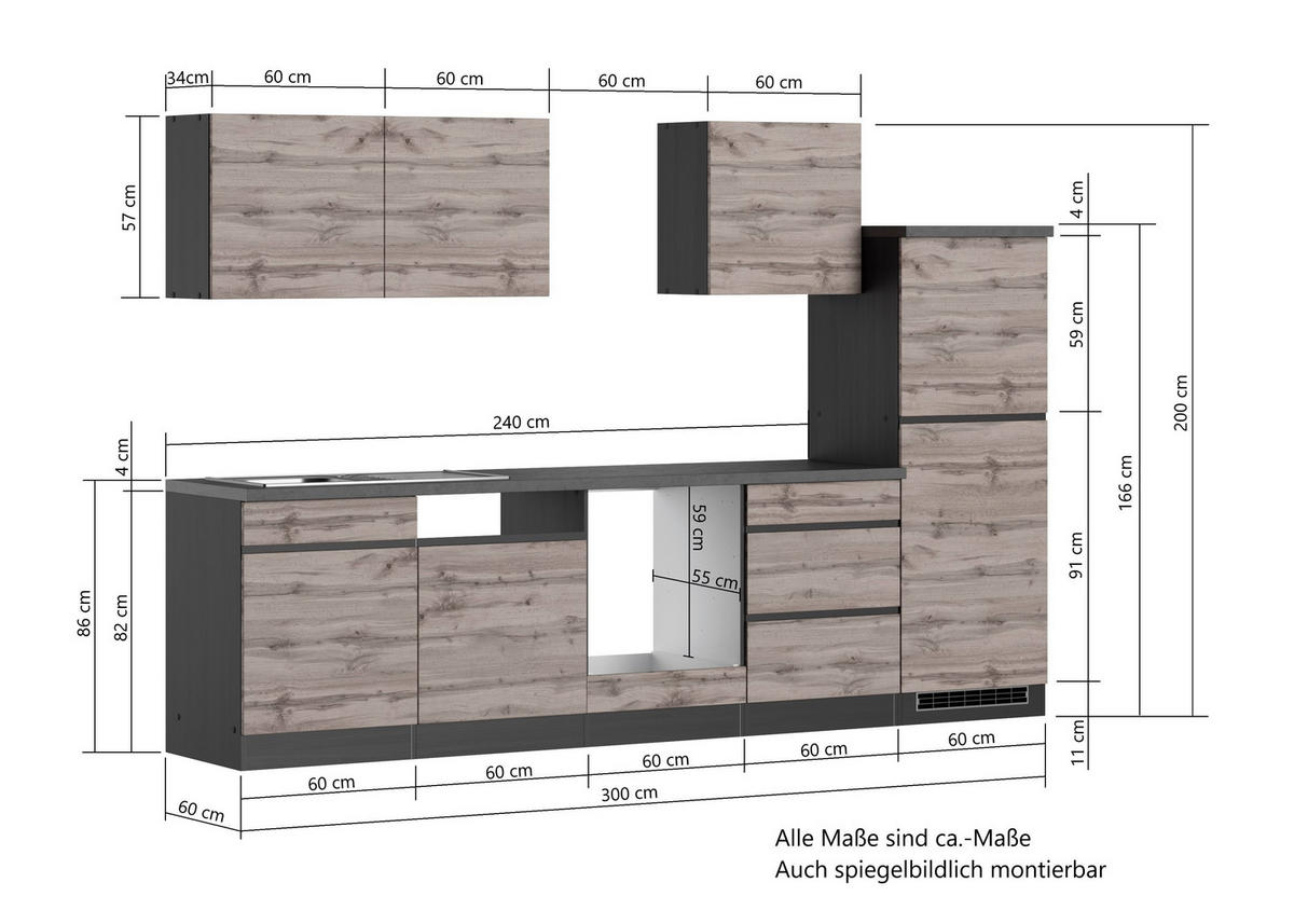 KÜCHENLEERBLOCK 300 cm   in Graphitfarben, Eiche Wotan  - Eiche Wotan/Graphitfarben, Design, Holzwerkstoff (300cm) - Held