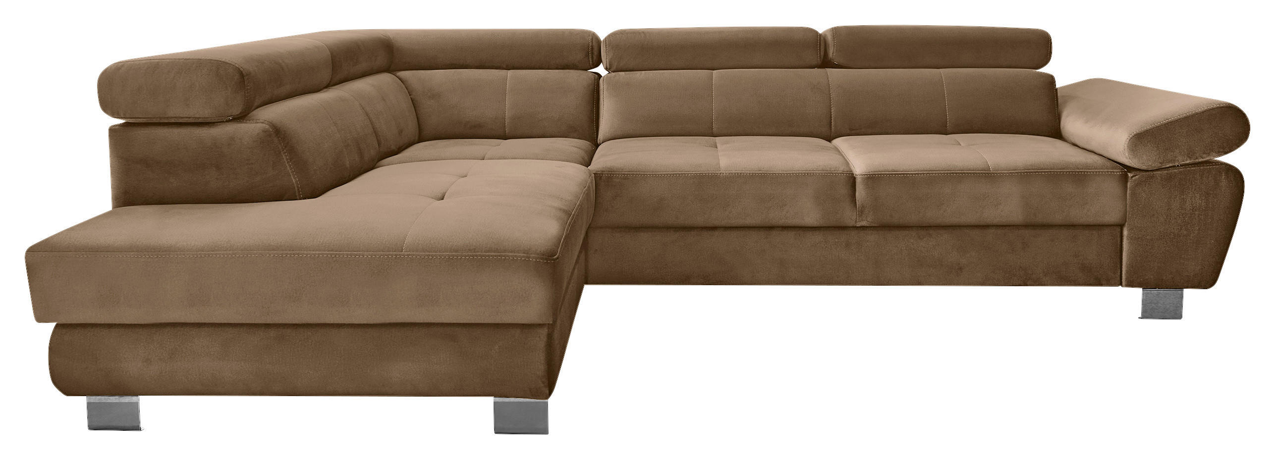 ECKSOFA Braun Webstoff Bettkasten, Schlaffunktion, Rücken echt, Armteilverstellung, Kopfteilverstellung  - Chromfarben/Braun, MODERN, Textil/Metall (205/278cm) - Stylife