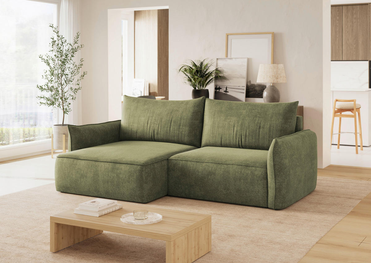 ECKSOFA Dunkelgrün Struktur Rückenkissen, Bettkasten, Schlaffunktion, Rücken echt, Liegefläche im Originalstoff  - Dunkelgrün/Schwarz, KONVENTIONELL, Kunststoff/Textil (148/266cm) - Milino